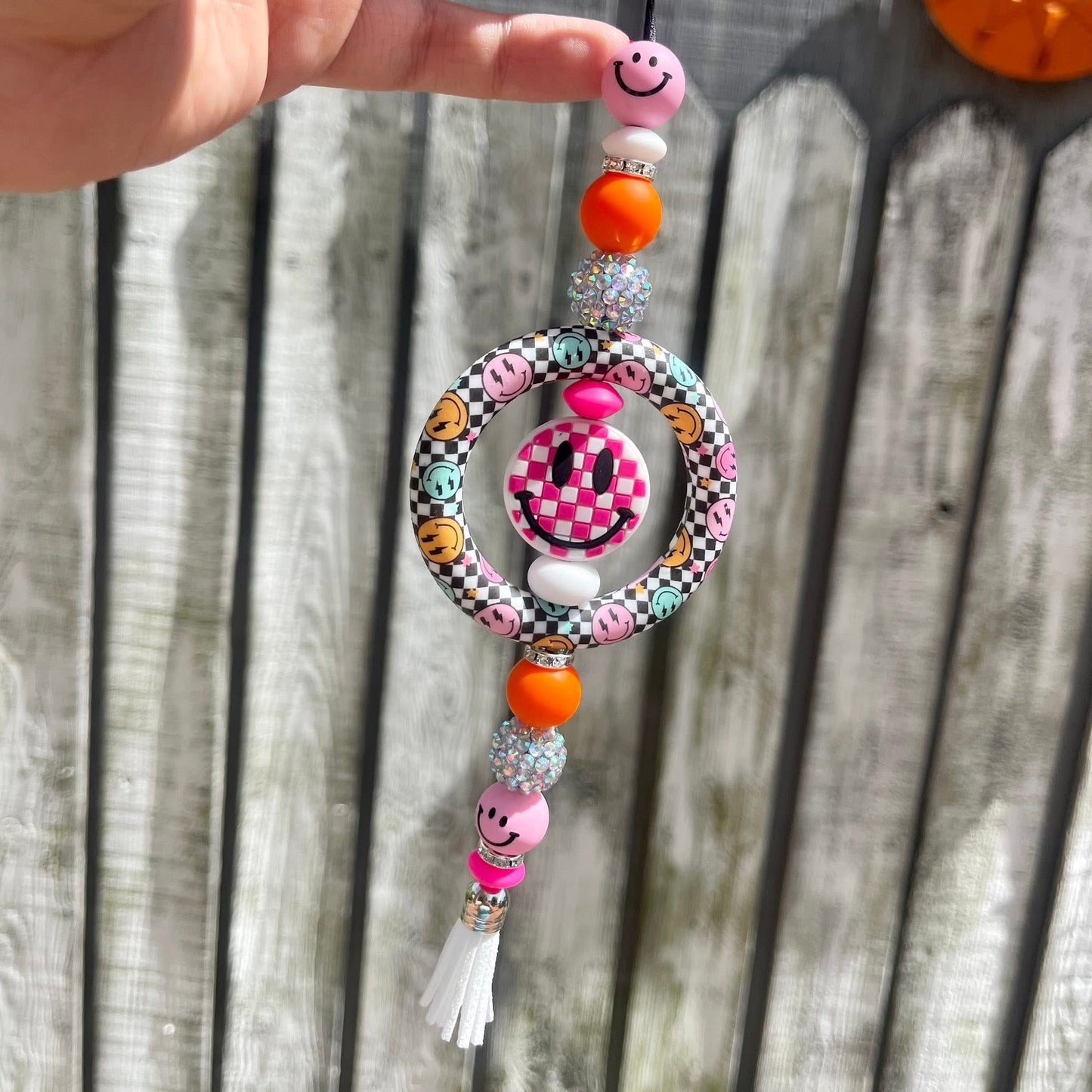Checkered Smiley Face Beaded Car Charm